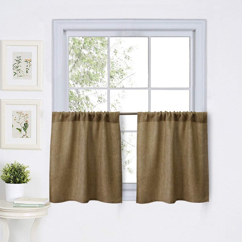 Valea Home Burlap Tier Curtains for Short Windows, 24 inch Linen Cafe Curtains, Rustic Tan Rod Pocket Set of 2 - Image 2